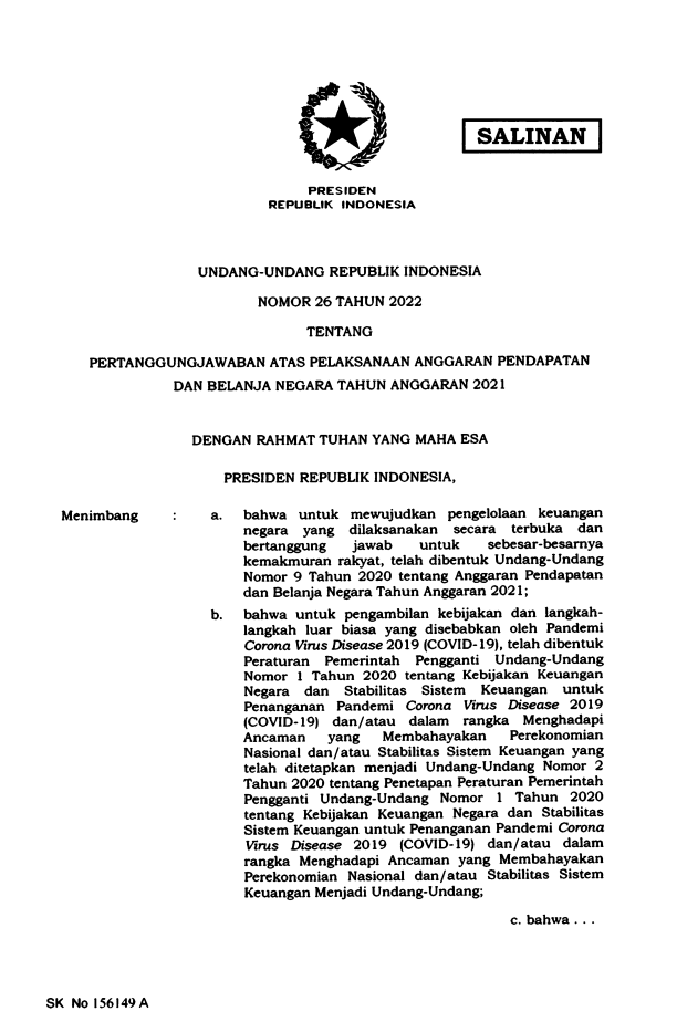 Undang-Undang Nomor 26 Tahun 2022