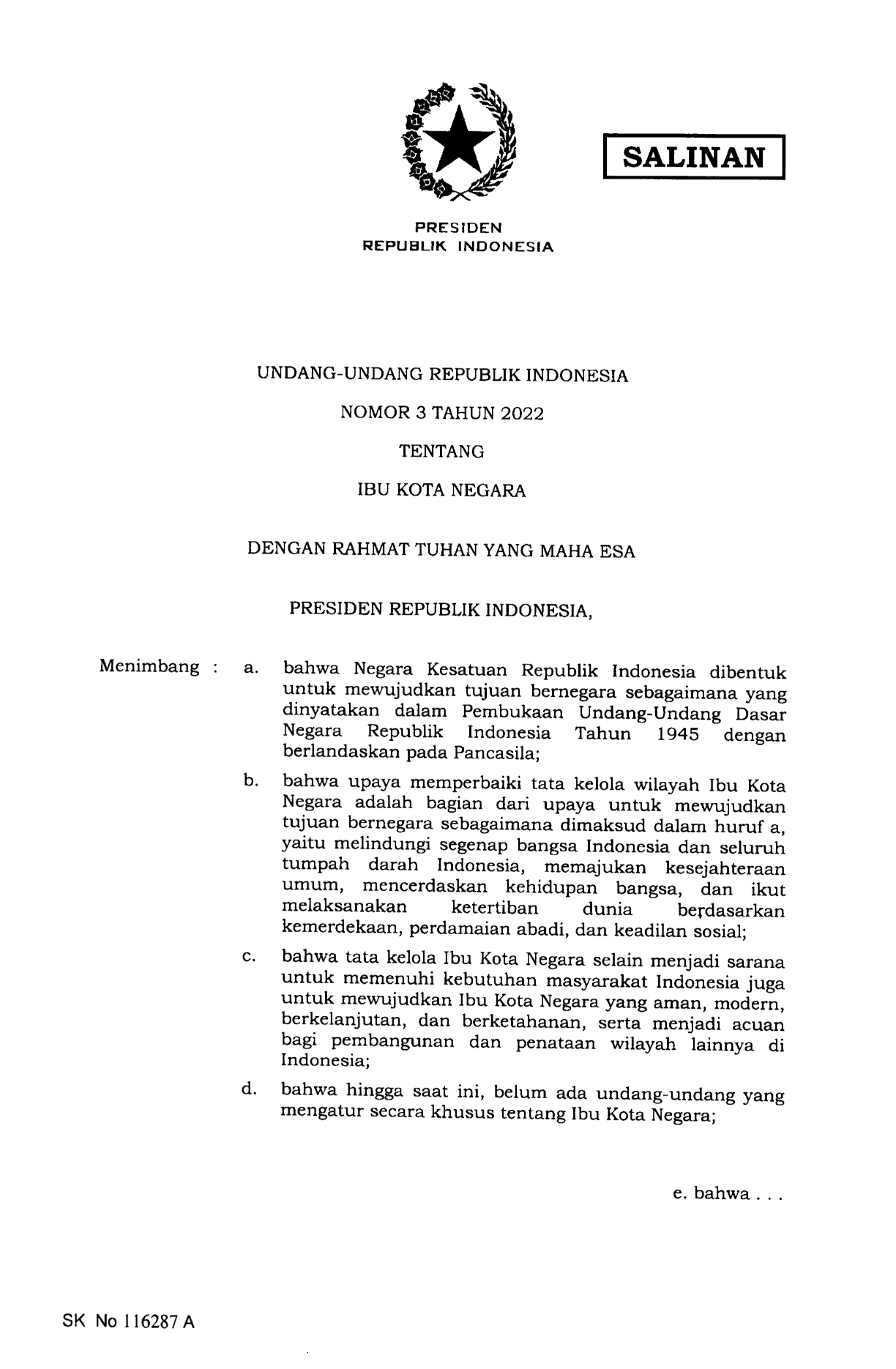 Undang-Undang Nomor 3 Tahun 2022