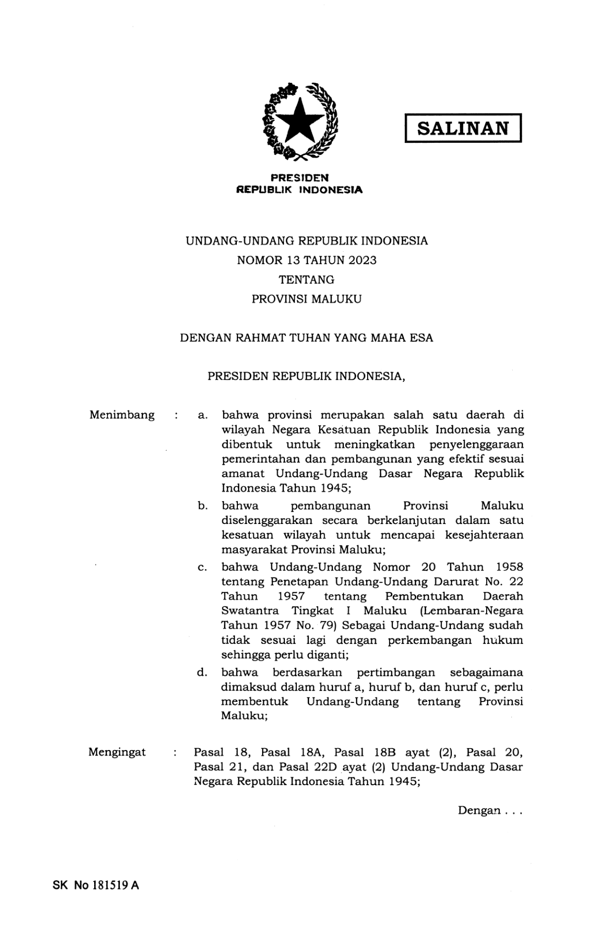 Undang-Undang Nomor 13 Tahun 2023