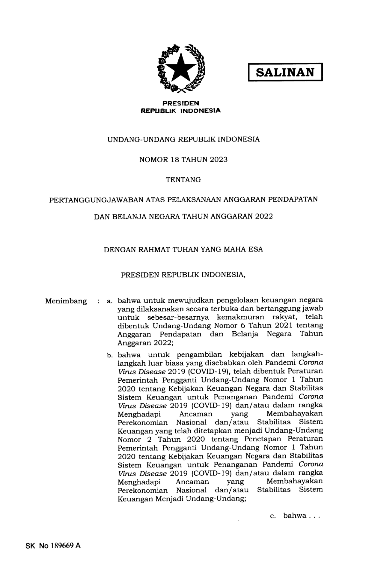 Undang-Undang Nomor 18 Tahun 2023