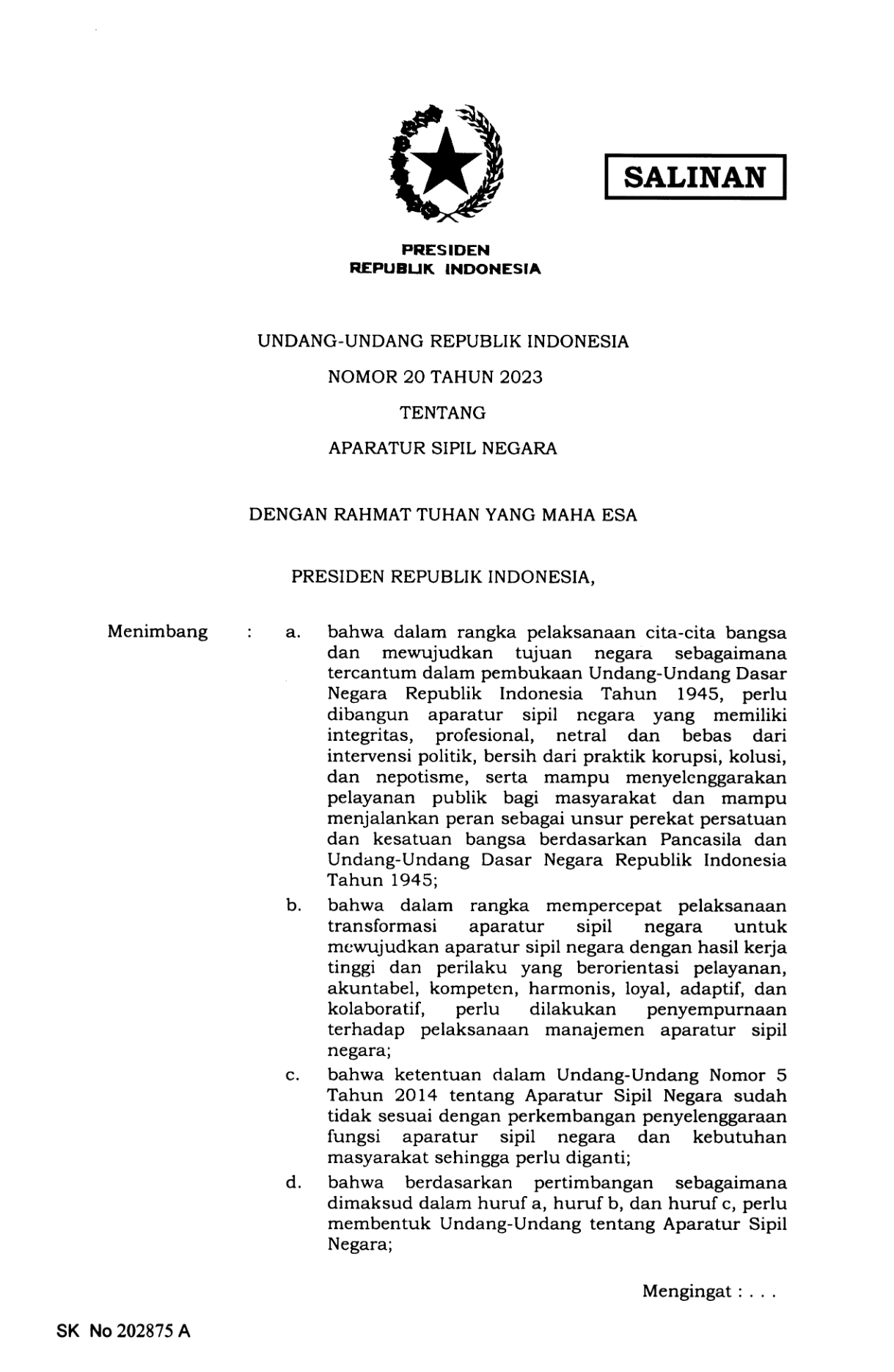 Undang-Undang Nomor 20 Tahun 2023