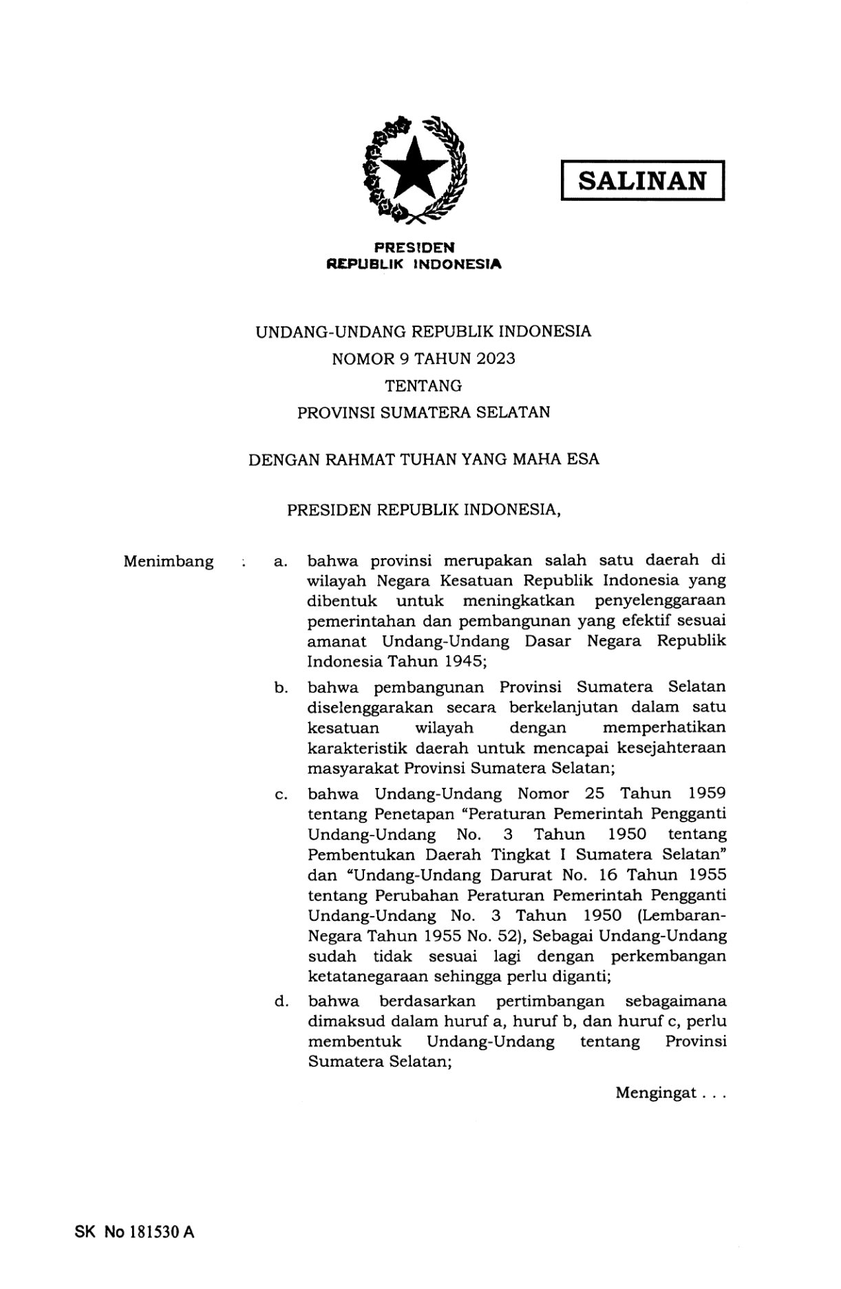 Undang-Undang Nomor 9 Tahun 2023