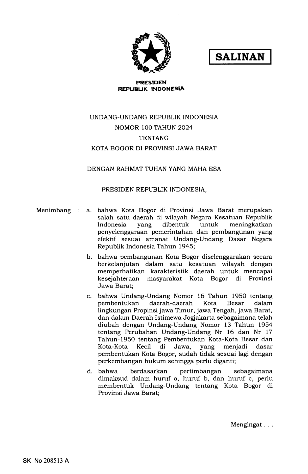 Undang-Undang Nomor 100 Tahun 2024