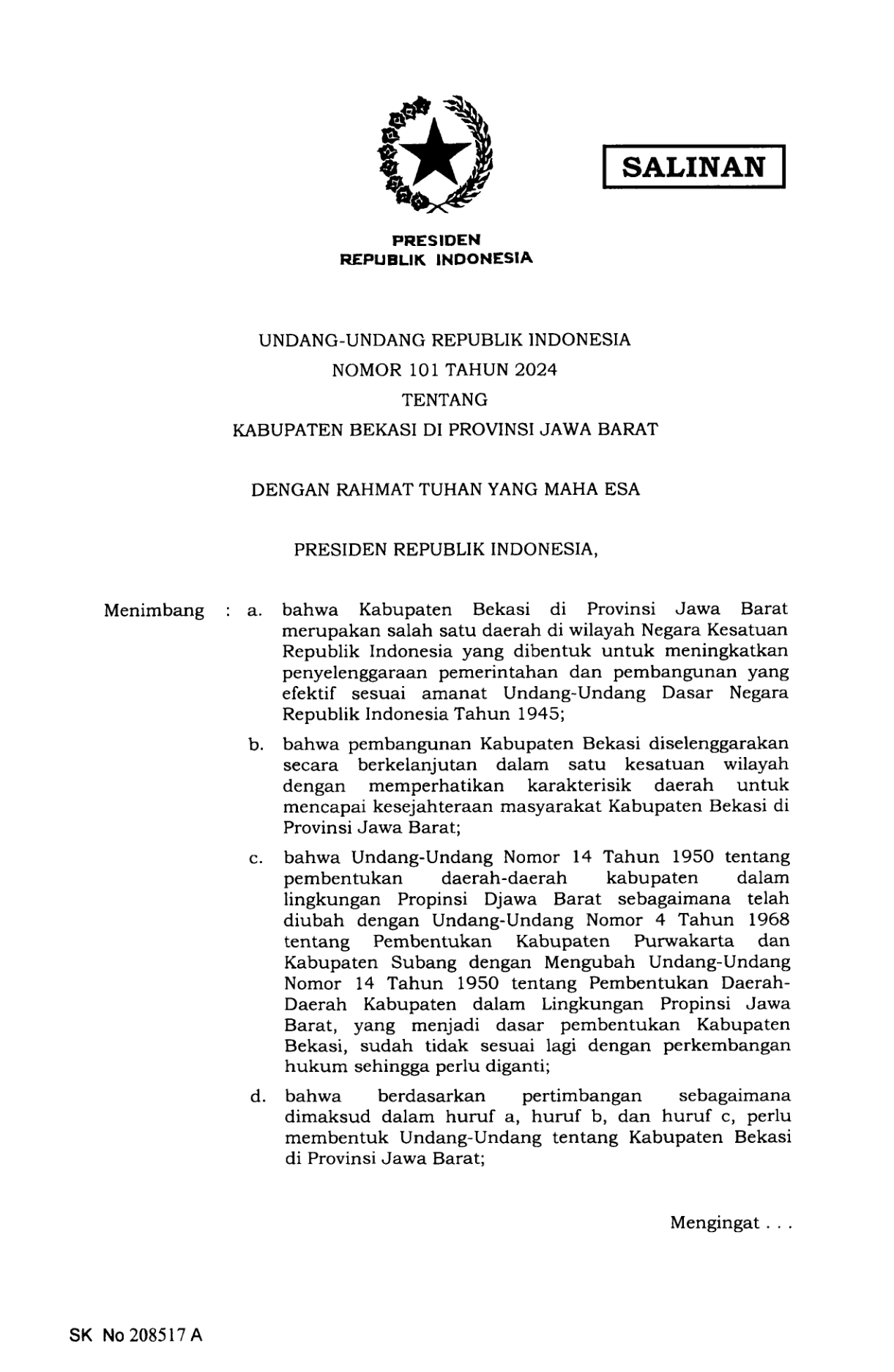 Undang-Undang Nomor 101 Tahun 2024