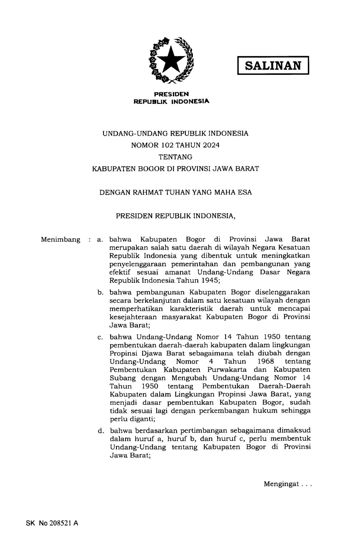 Undang-Undang Nomor 102 Tahun 2024