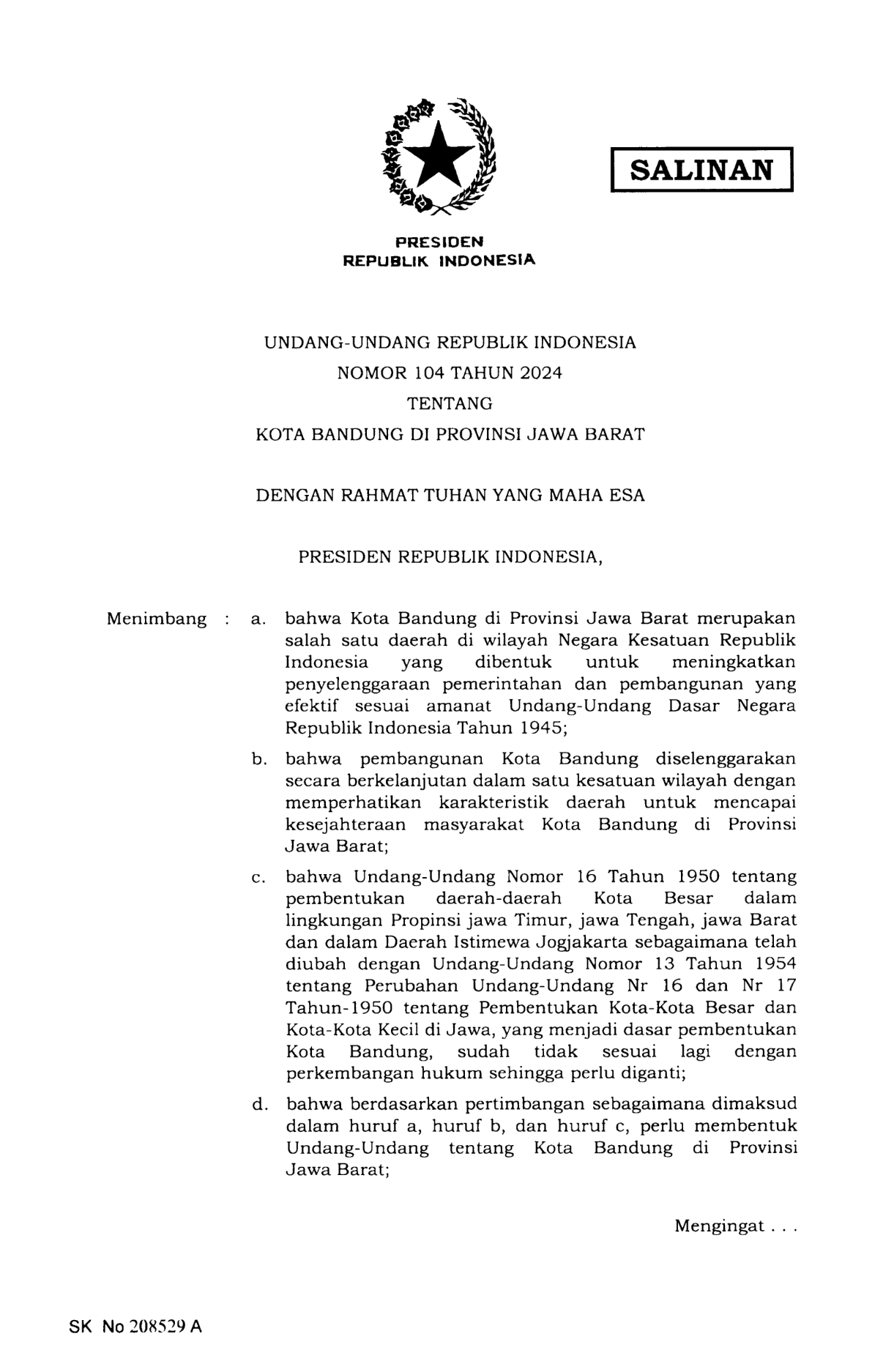 Undang-Undang Nomor 104 Tahun 2024