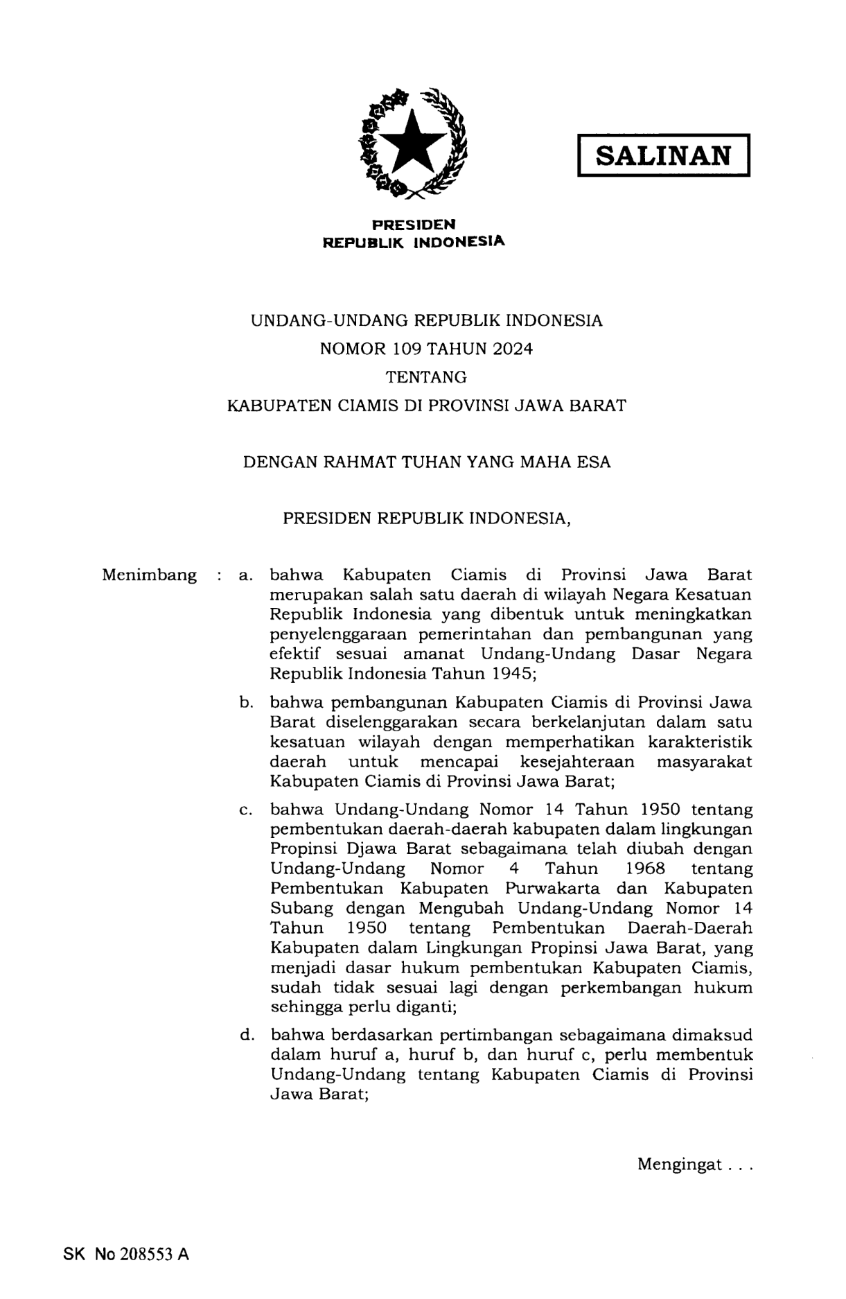 Undang-Undang Nomor 109 Tahun 2024