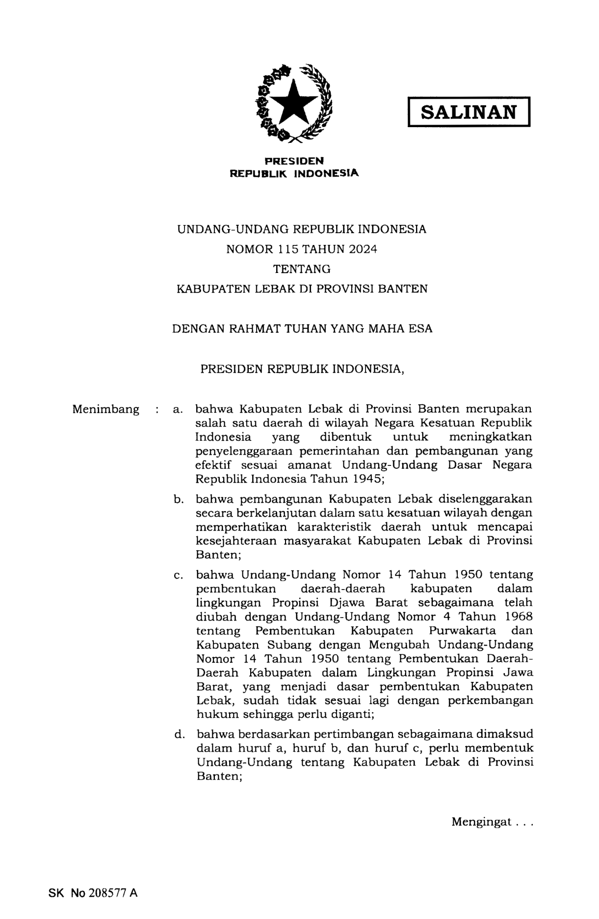 Undang-Undang Nomor 115 Tahun 2024