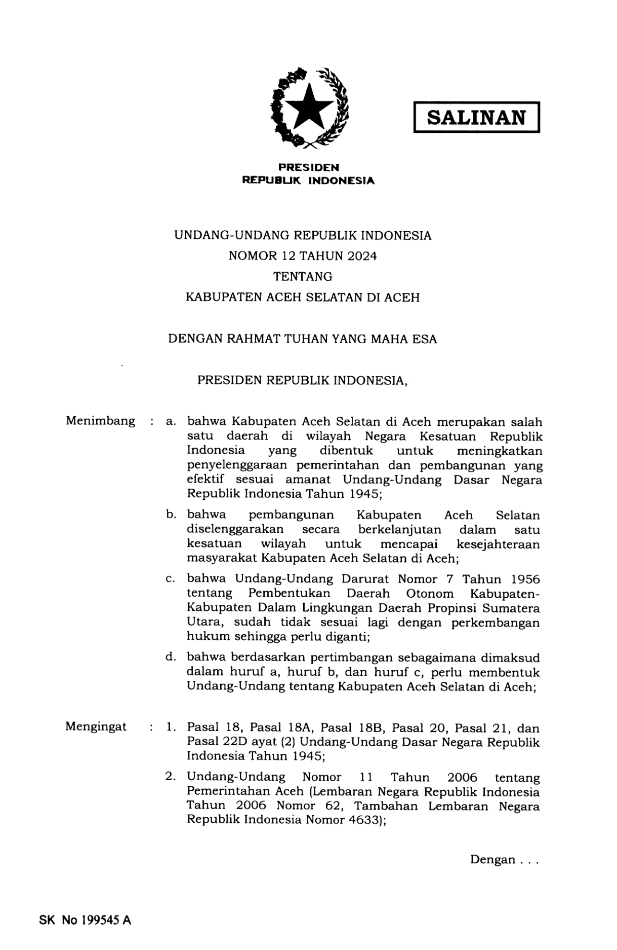 Undang-Undang Nomor 12 Tahun 2024