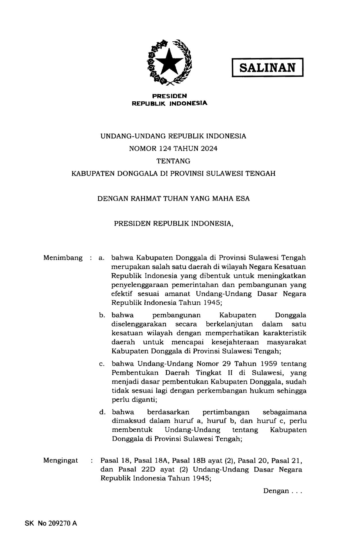 Undang-Undang Nomor 124 Tahun 2024