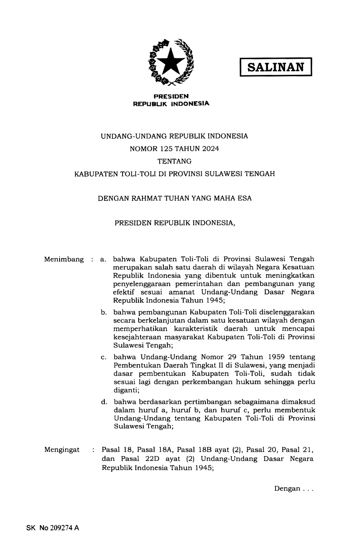 Undang-Undang Nomor 125 Tahun 2024