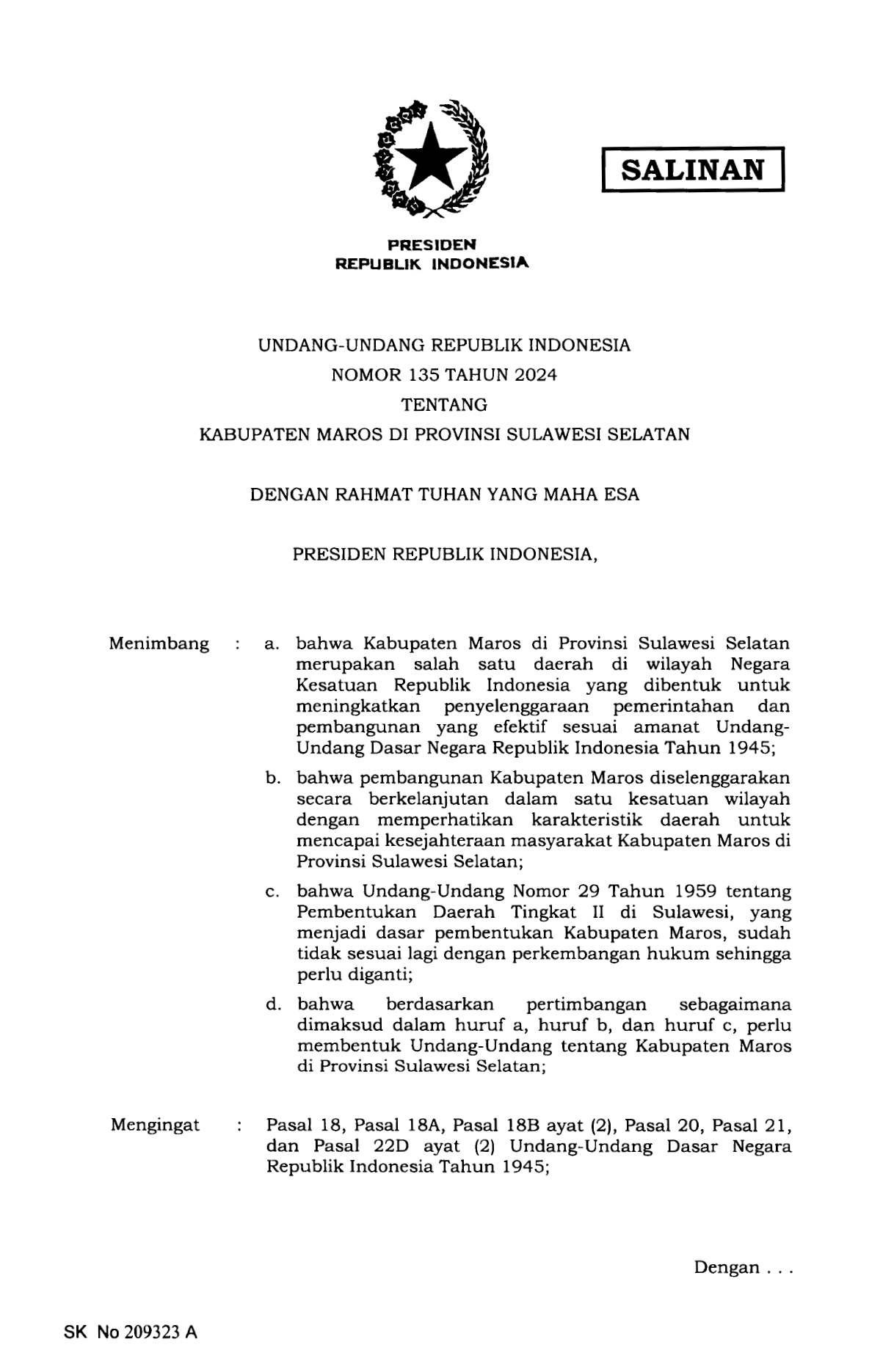 Undang-Undang Nomor 135 Tahun 2024