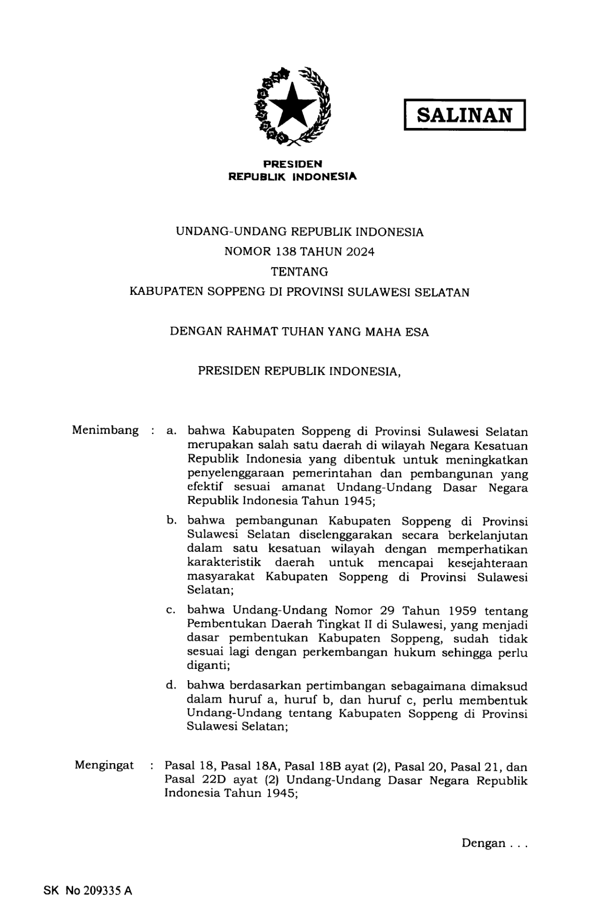 Undang-Undang Nomor 138 Tahun 2024