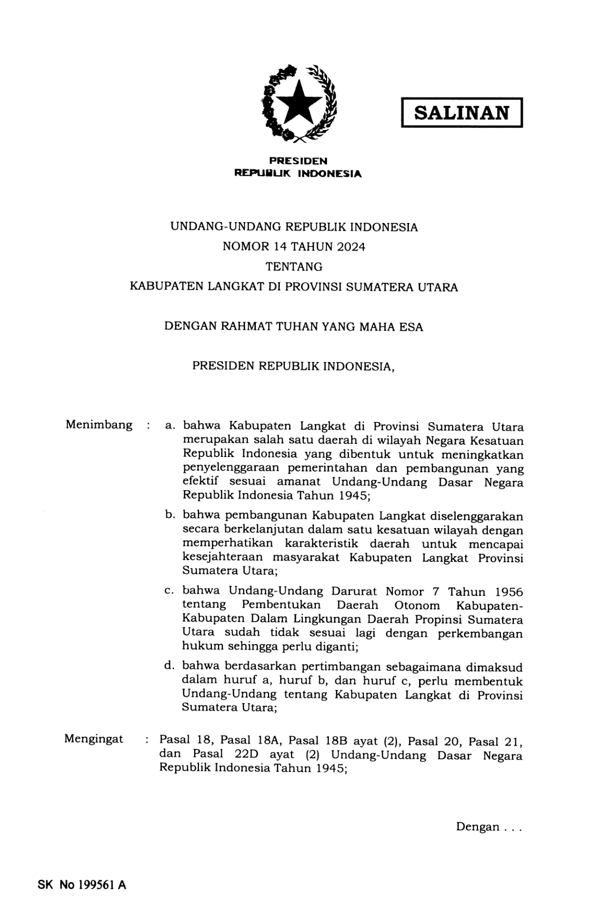 Undang-Undang Nomor 14 Tahun 2024