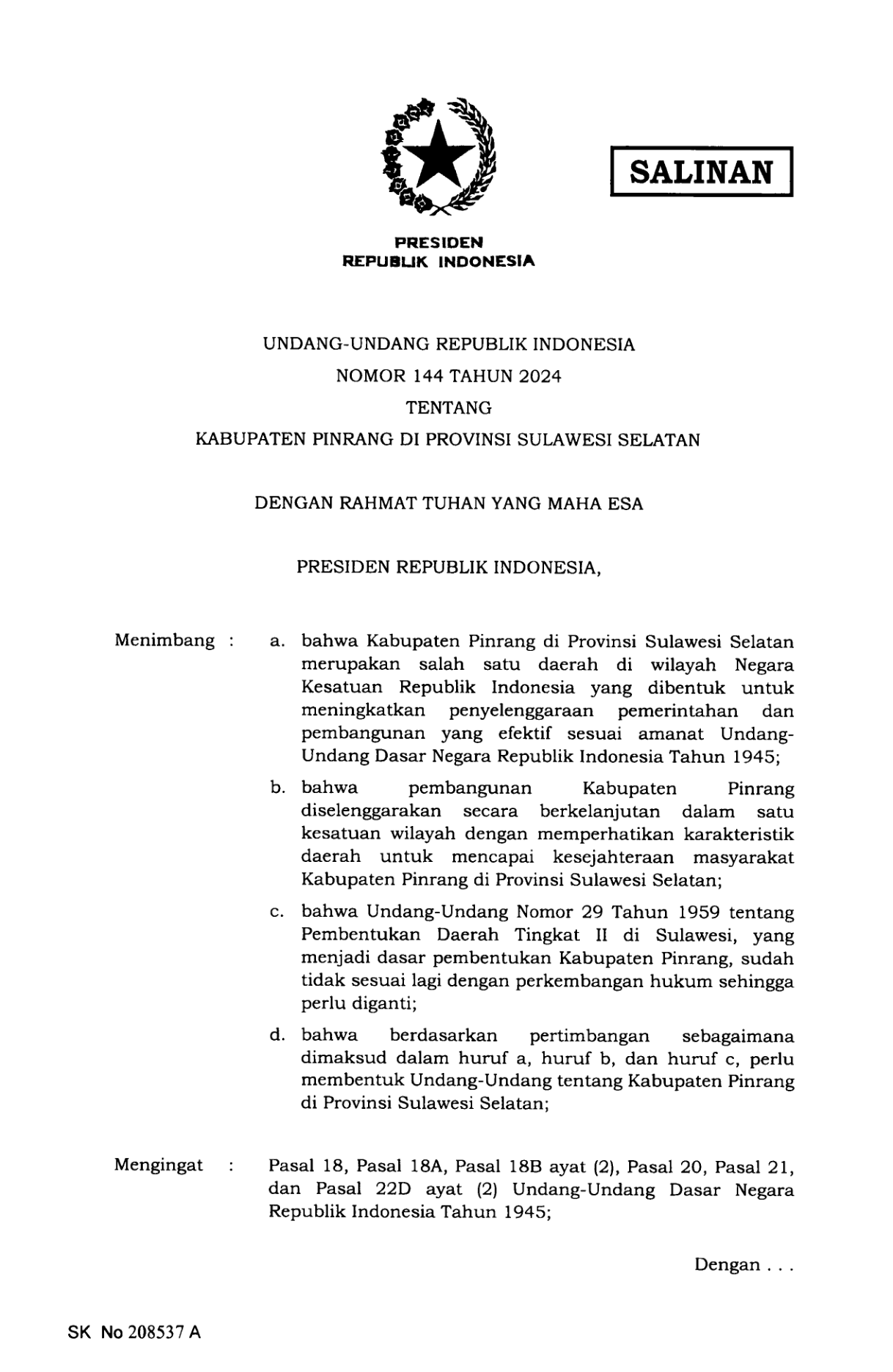 Undang-Undang Nomor 144 Tahun 2024