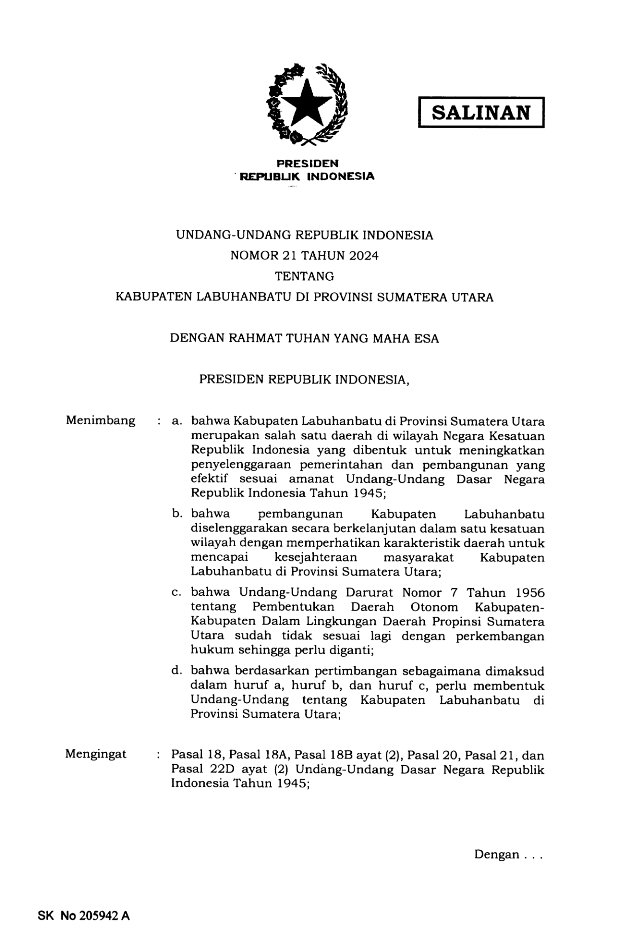 Undang-Undang Nomor 21 Tahun 2024