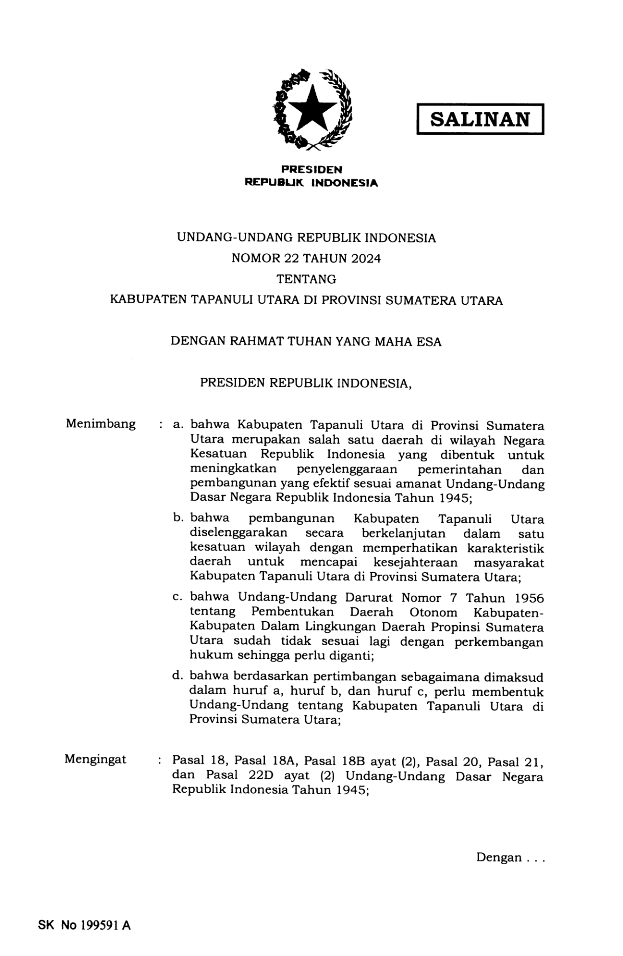 Undang-Undang Nomor 22 Tahun 2024