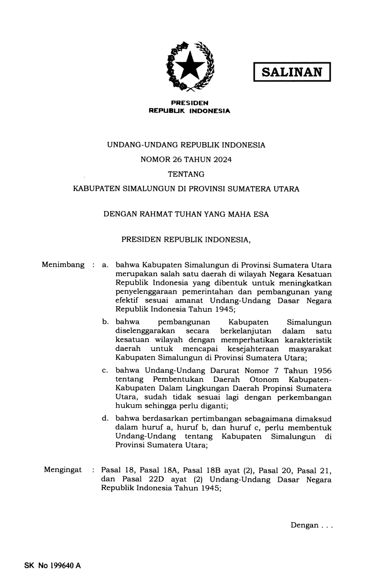 Undang-Undang Nomor 26 Tahun 2024