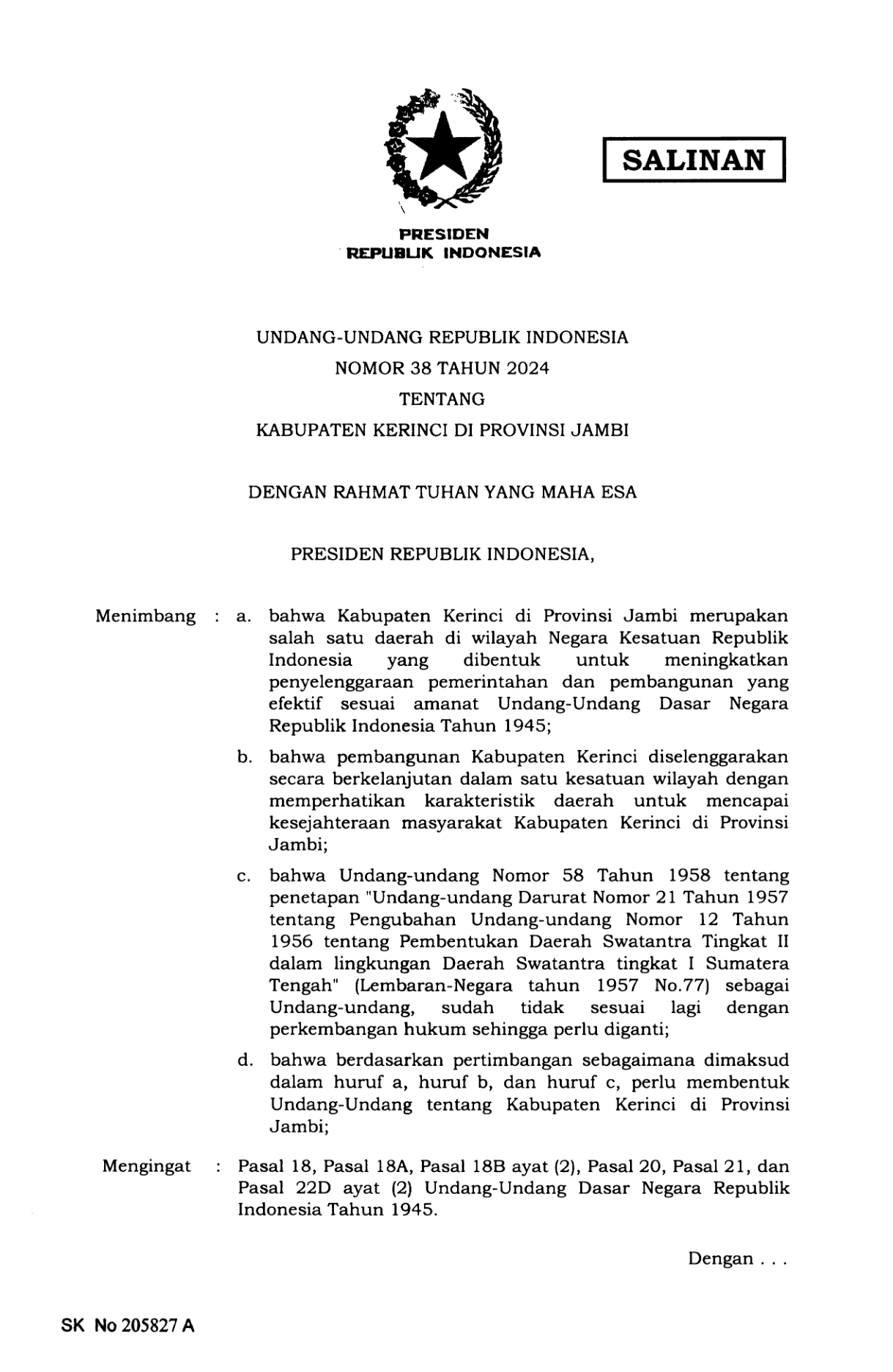 Undang-Undang Nomor 38 Tahun 2024