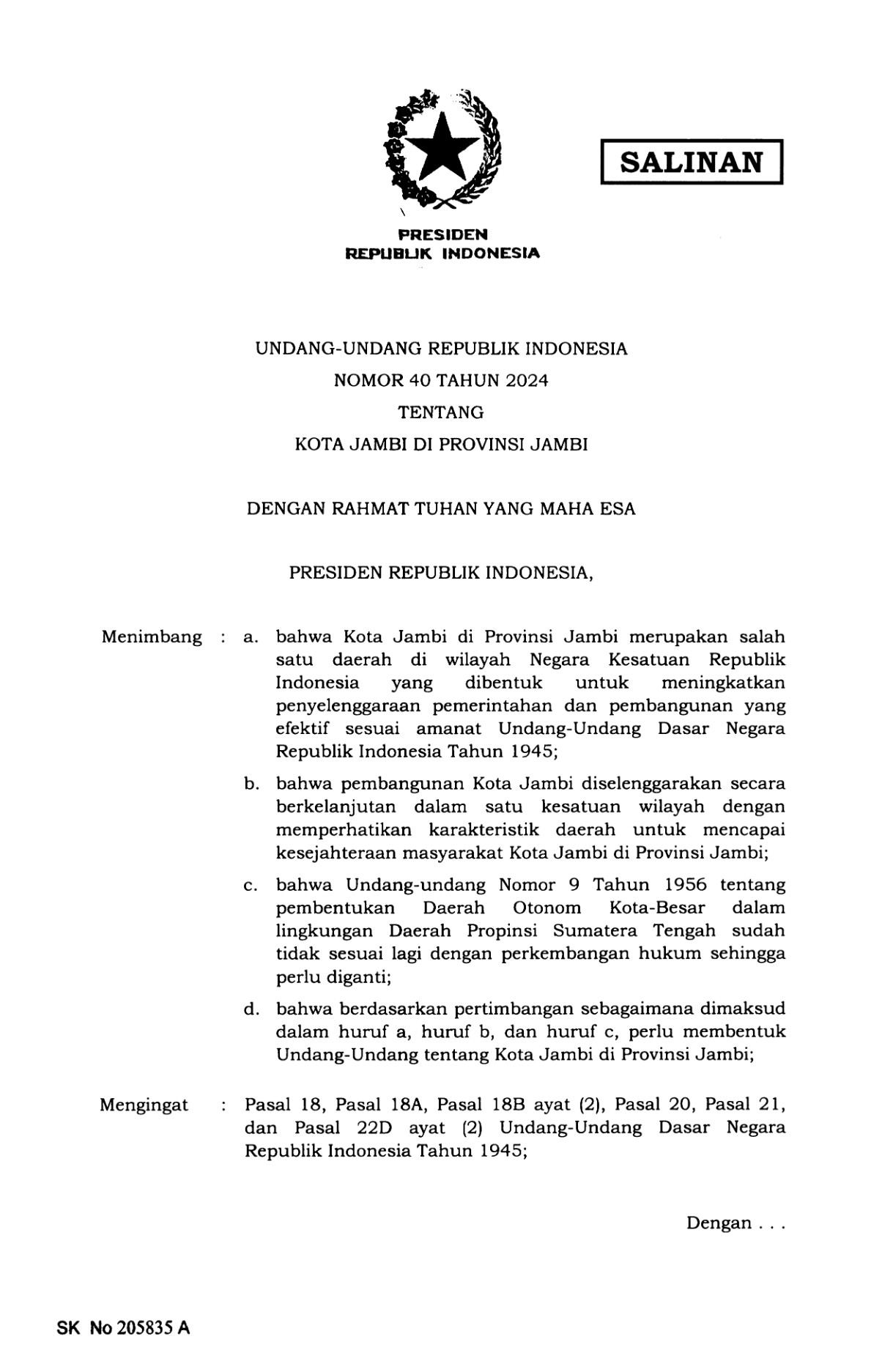 Undang-Undang Nomor 40 Tahun 2024
