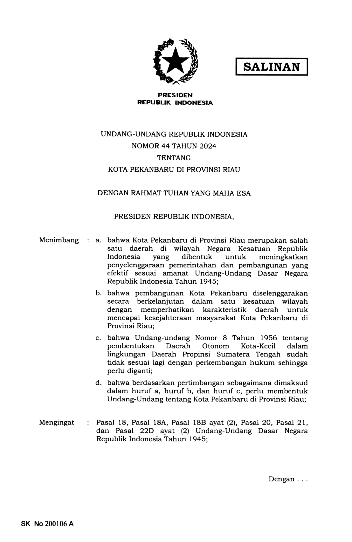 Undang-Undang Nomor 44 Tahun 2024