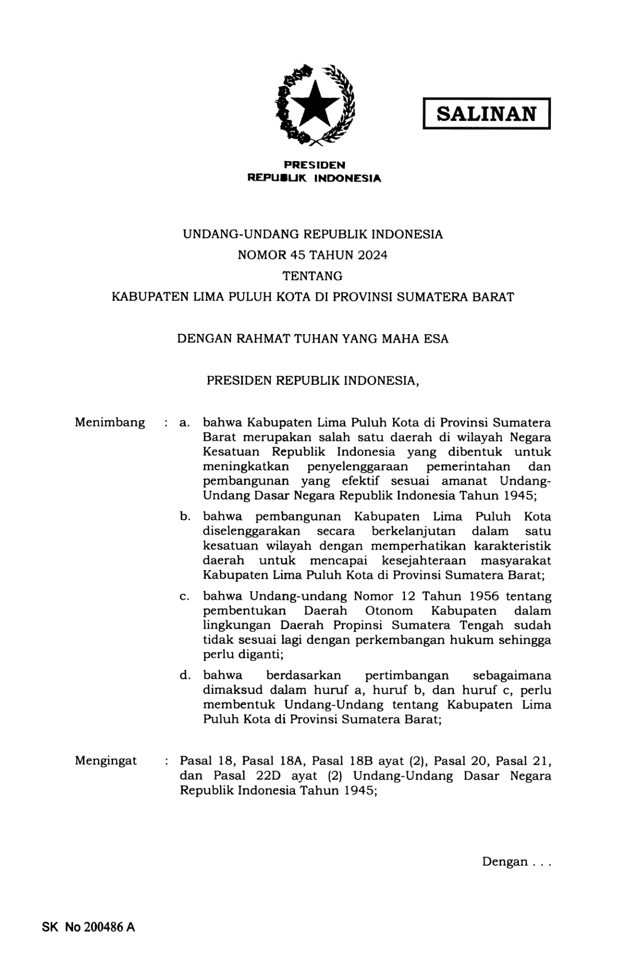 Undang-Undang Nomor 45 Tahun 2024