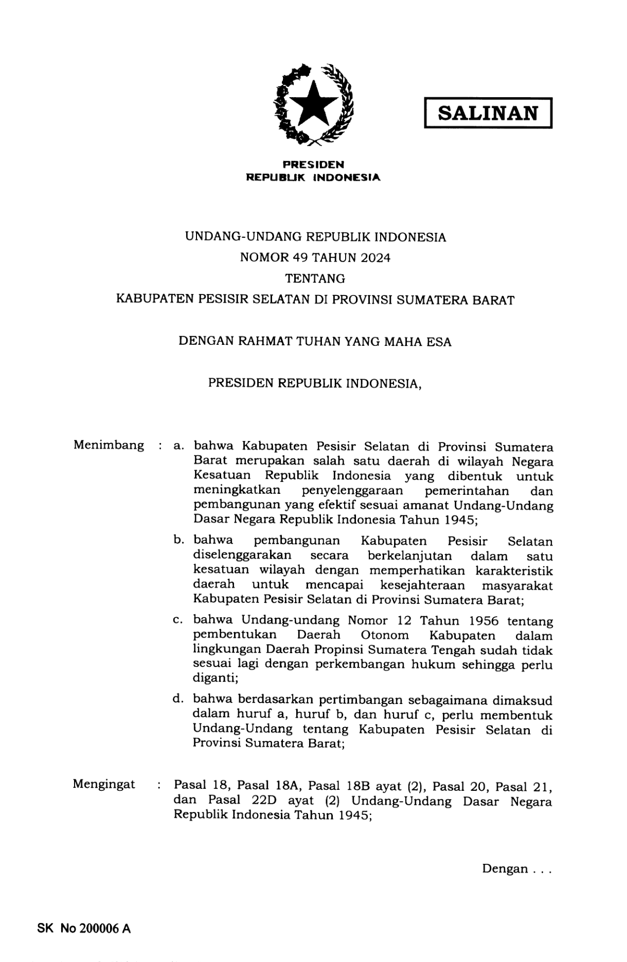 Undang-Undang Nomor 49 Tahun 2024