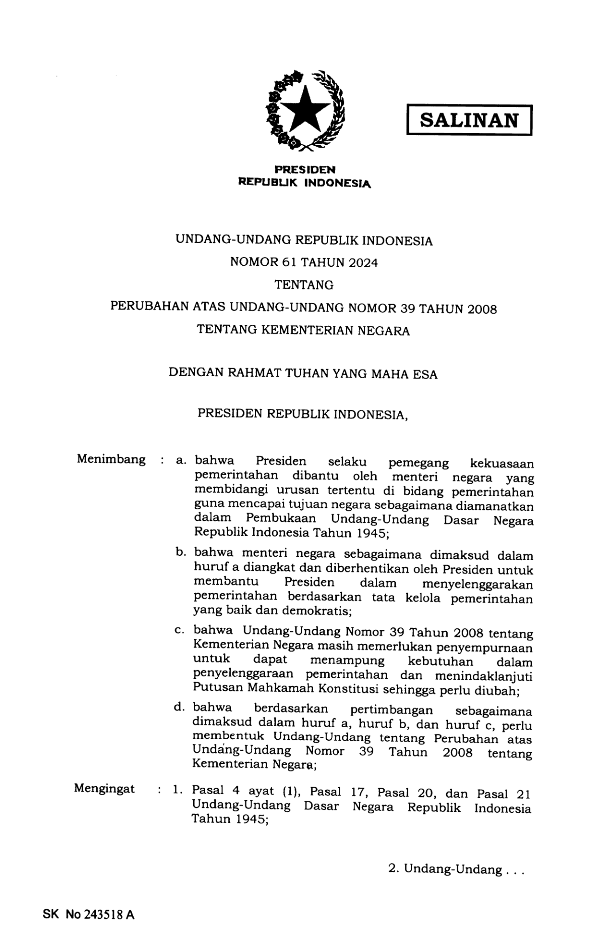 Undang-Undang Nomor 61 Tahun 2024
