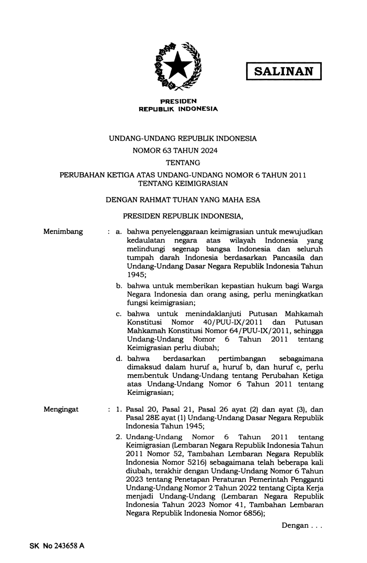 Undang-Undang Nomor 63 Tahun 2024