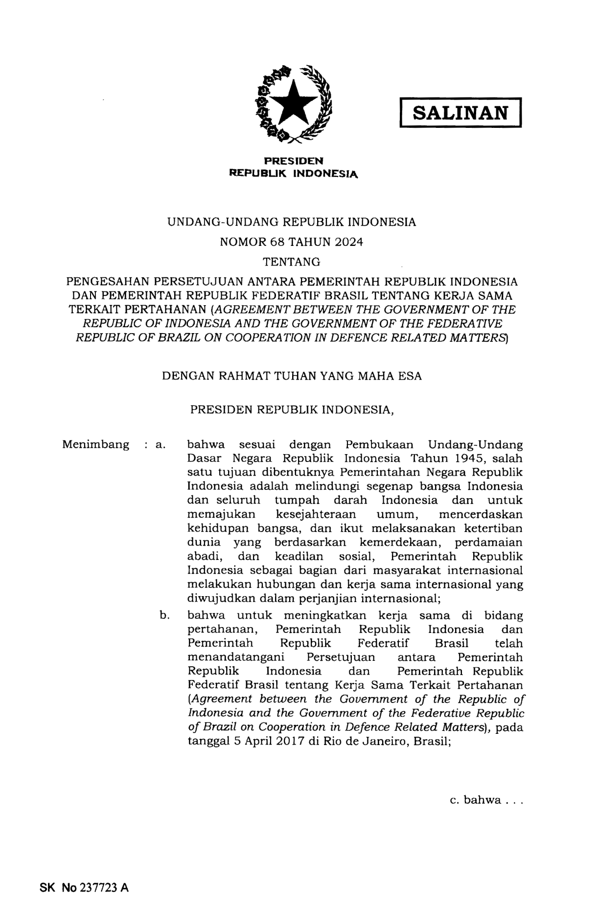 Undang-Undang Nomor 68 Tahun 2024