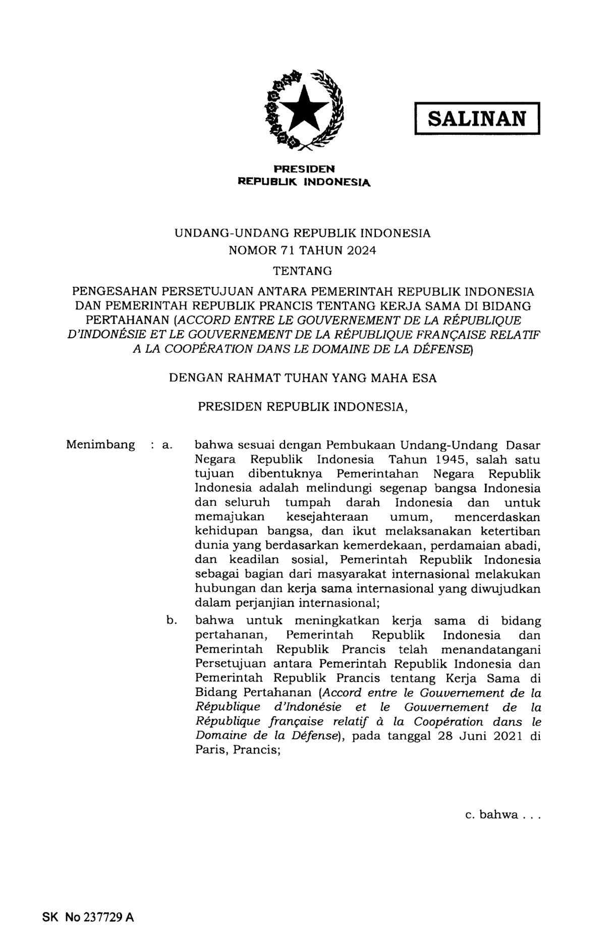 Undang-Undang Nomor 71 Tahun 2024