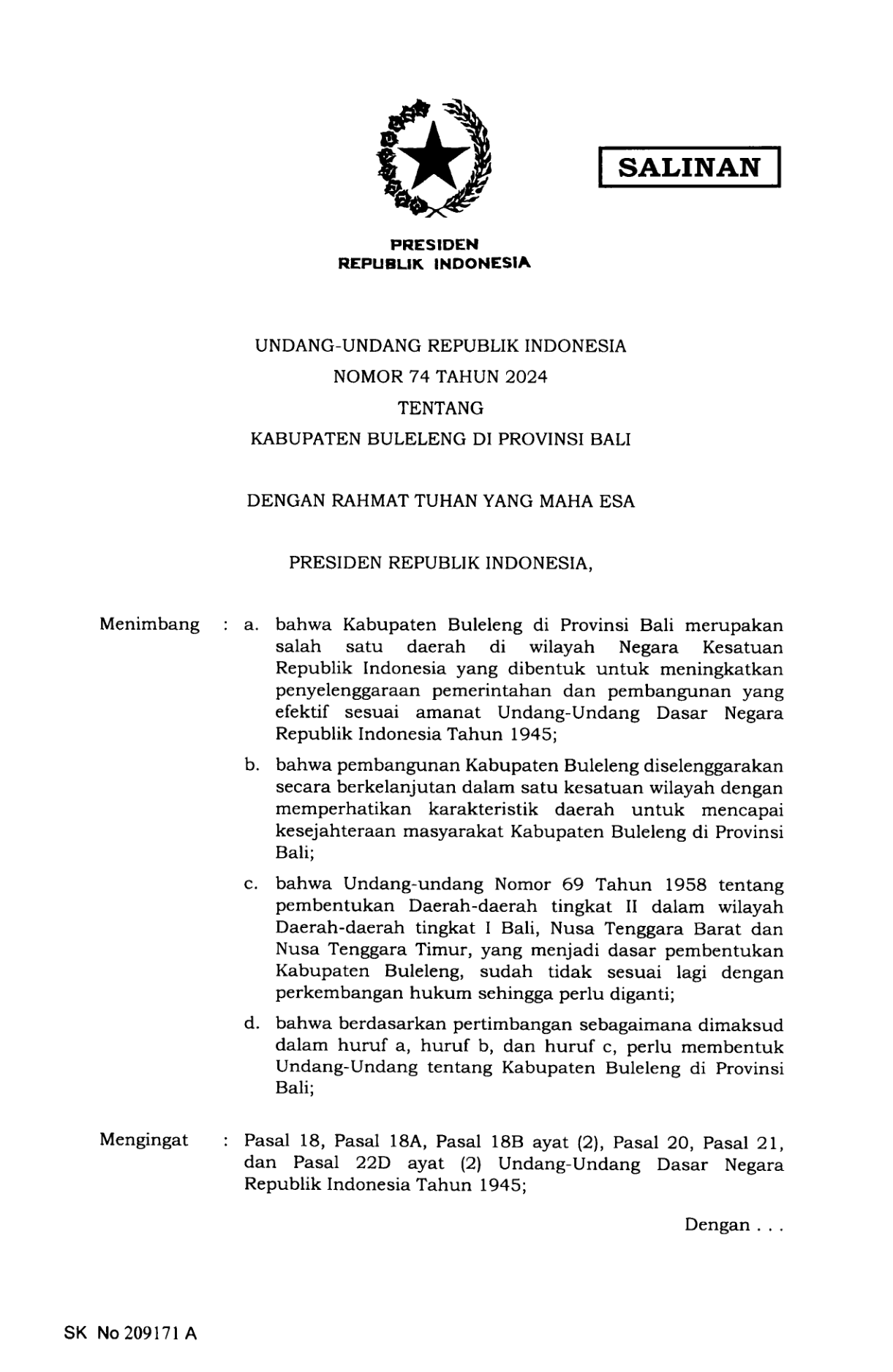 Undang-Undang Nomor 74 Tahun 2024