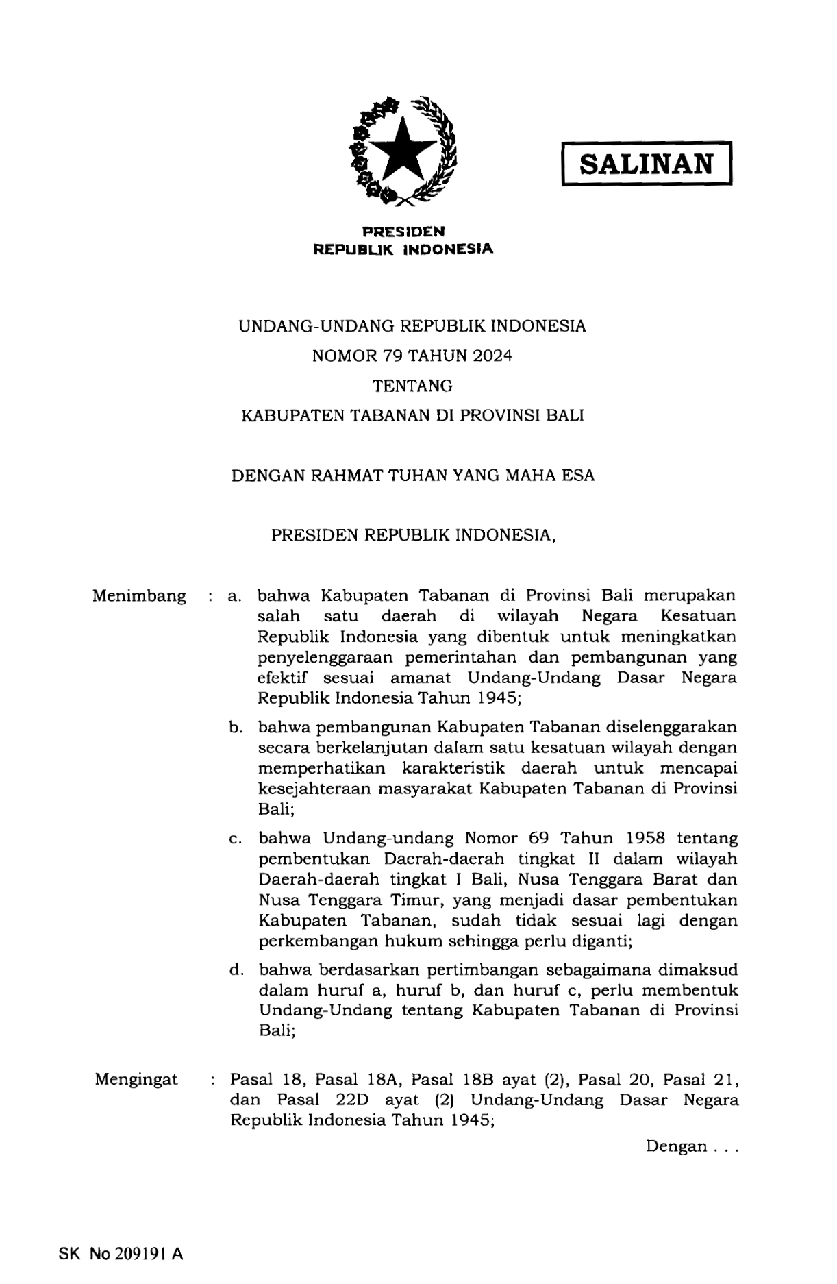 Undang-Undang Nomor 79 Tahun 2024