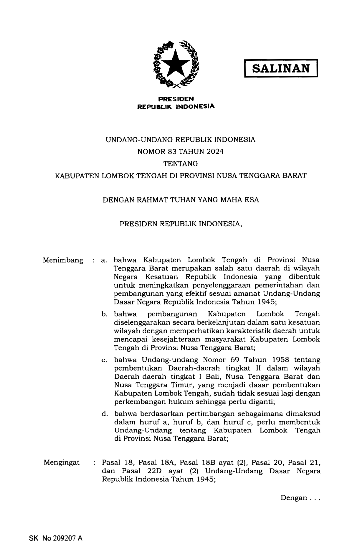 Undang-Undang Nomor 83 Tahun 2024
