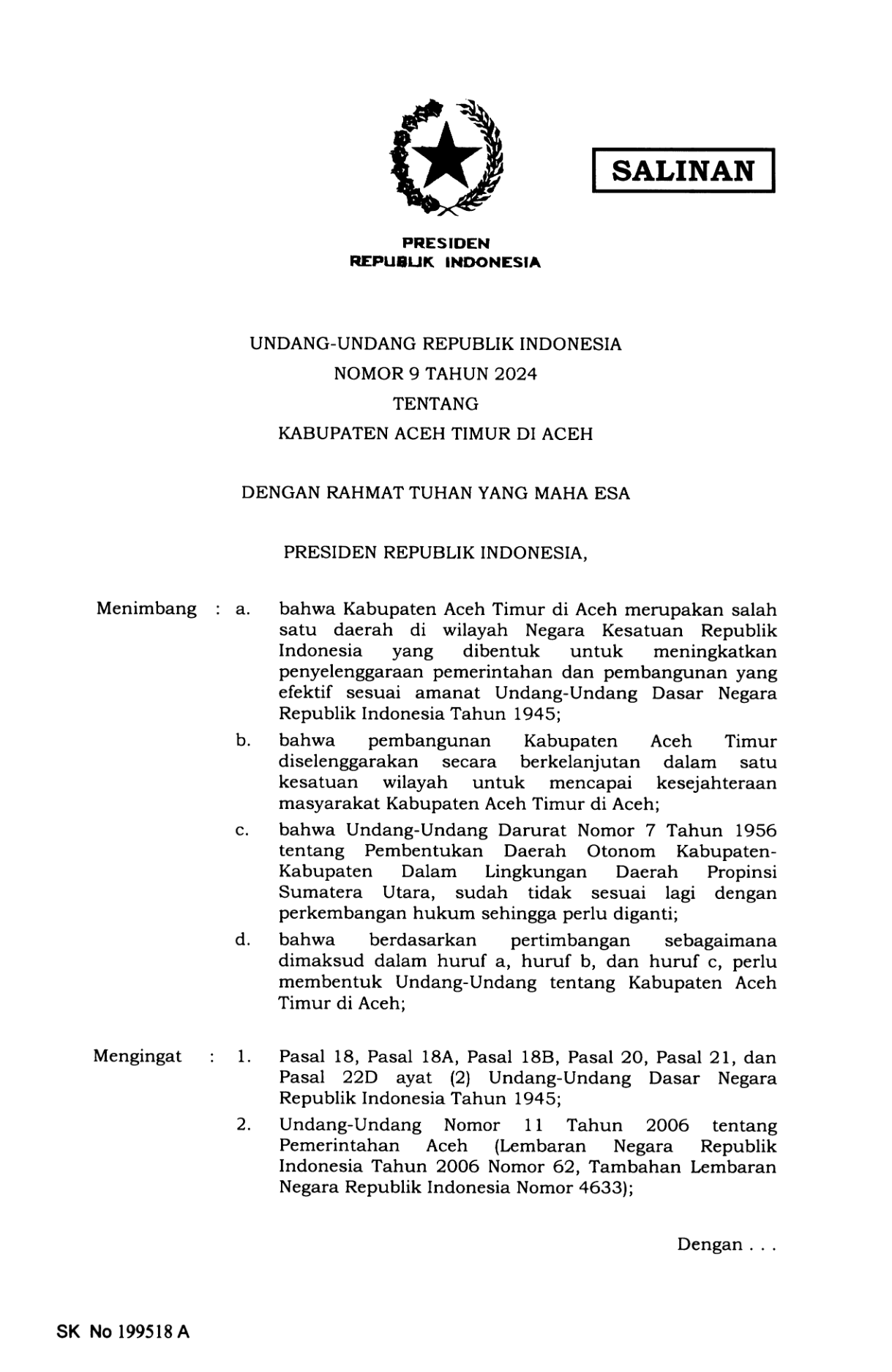 Undang-Undang Nomor 9 Tahun 2024