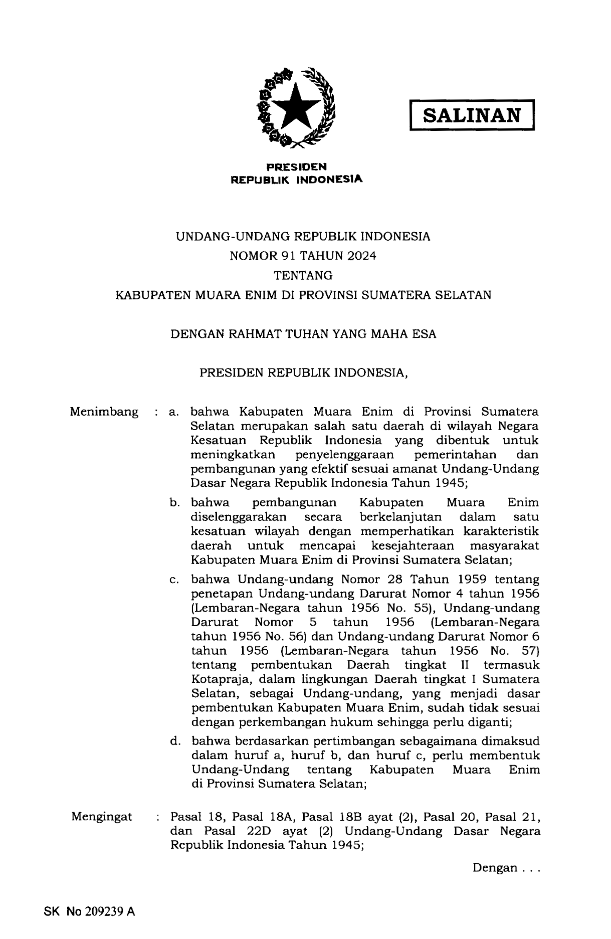 Undang-Undang Nomor 91 Tahun 2024