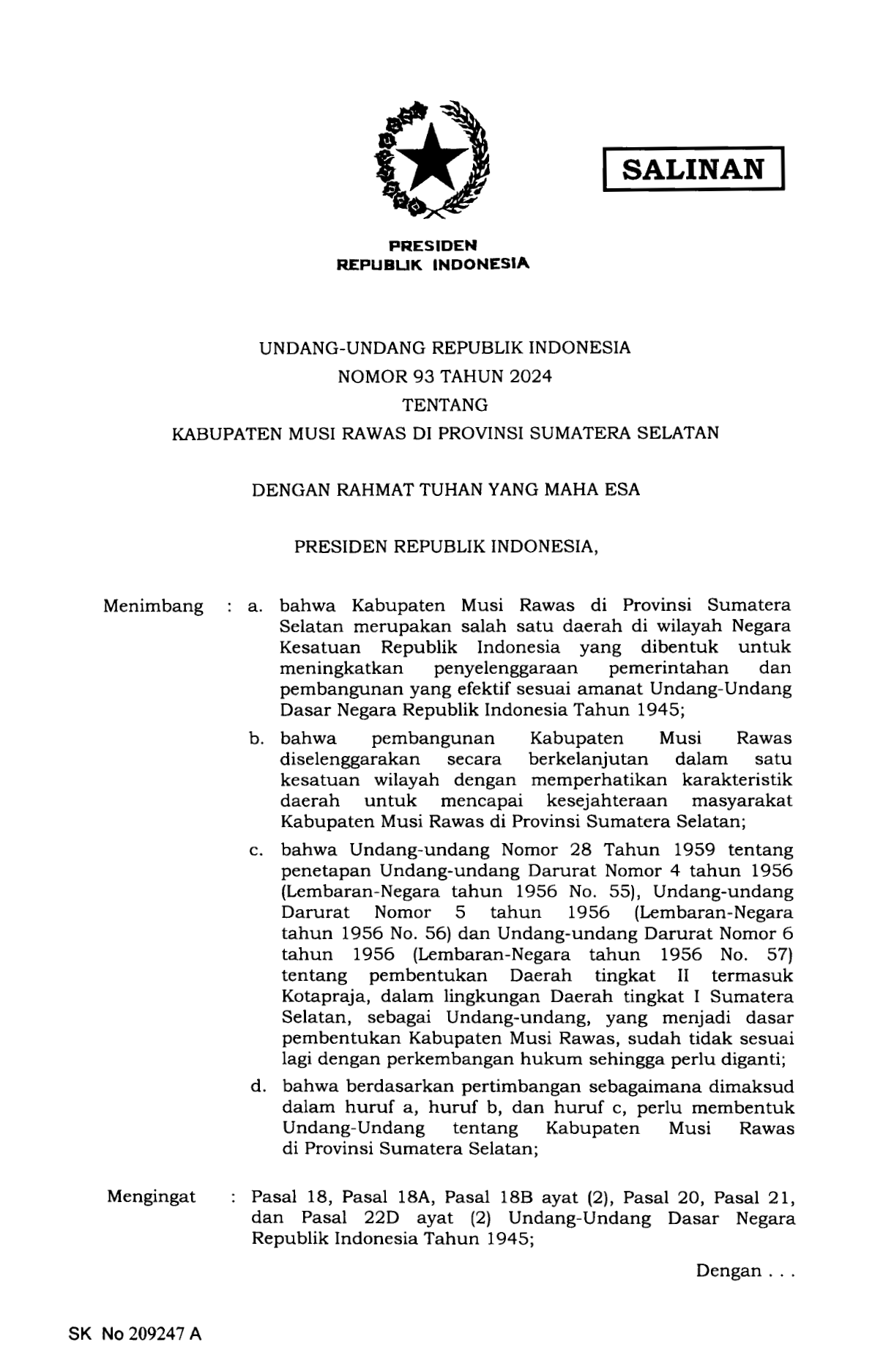 Undang-Undang Nomor 93 Tahun 2024