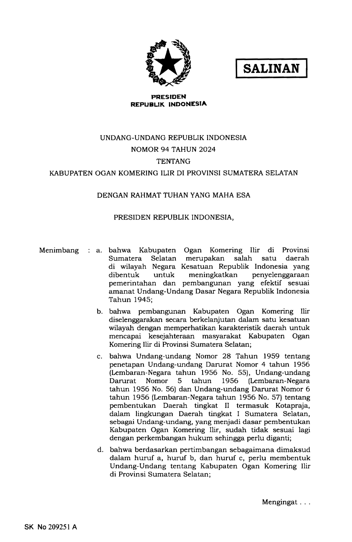 Undang-Undang Nomor 94 Tahun 2024