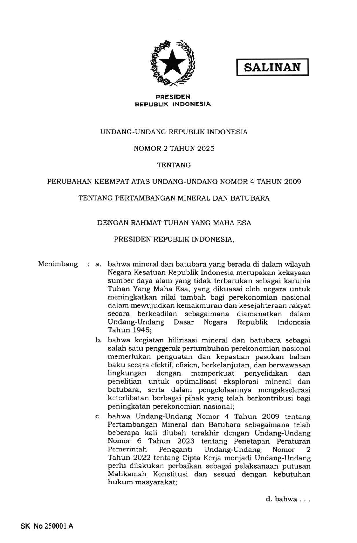 Undang-Undang Nomor 2 Tahun 2025