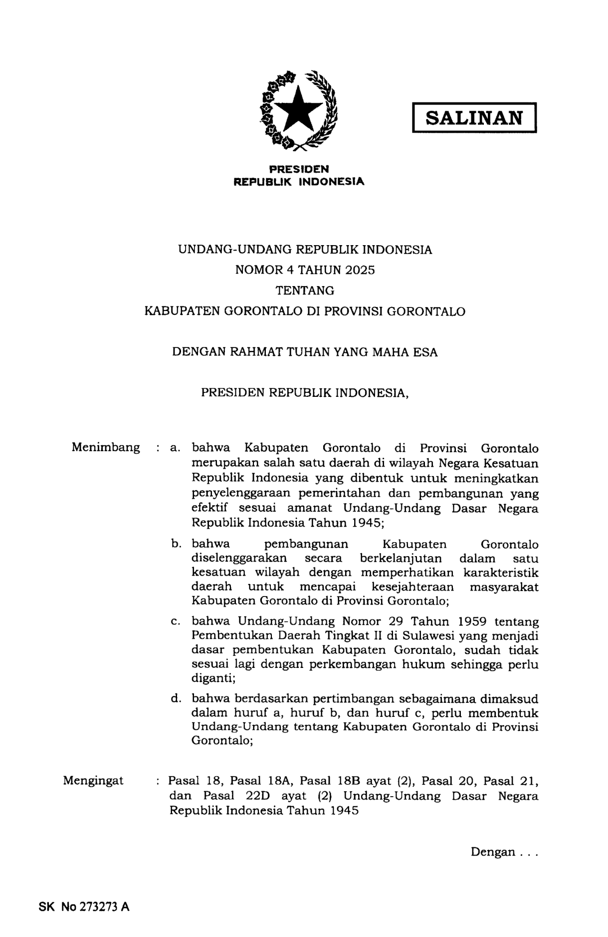 Undang-Undang Nomor 4 Tahun 2025