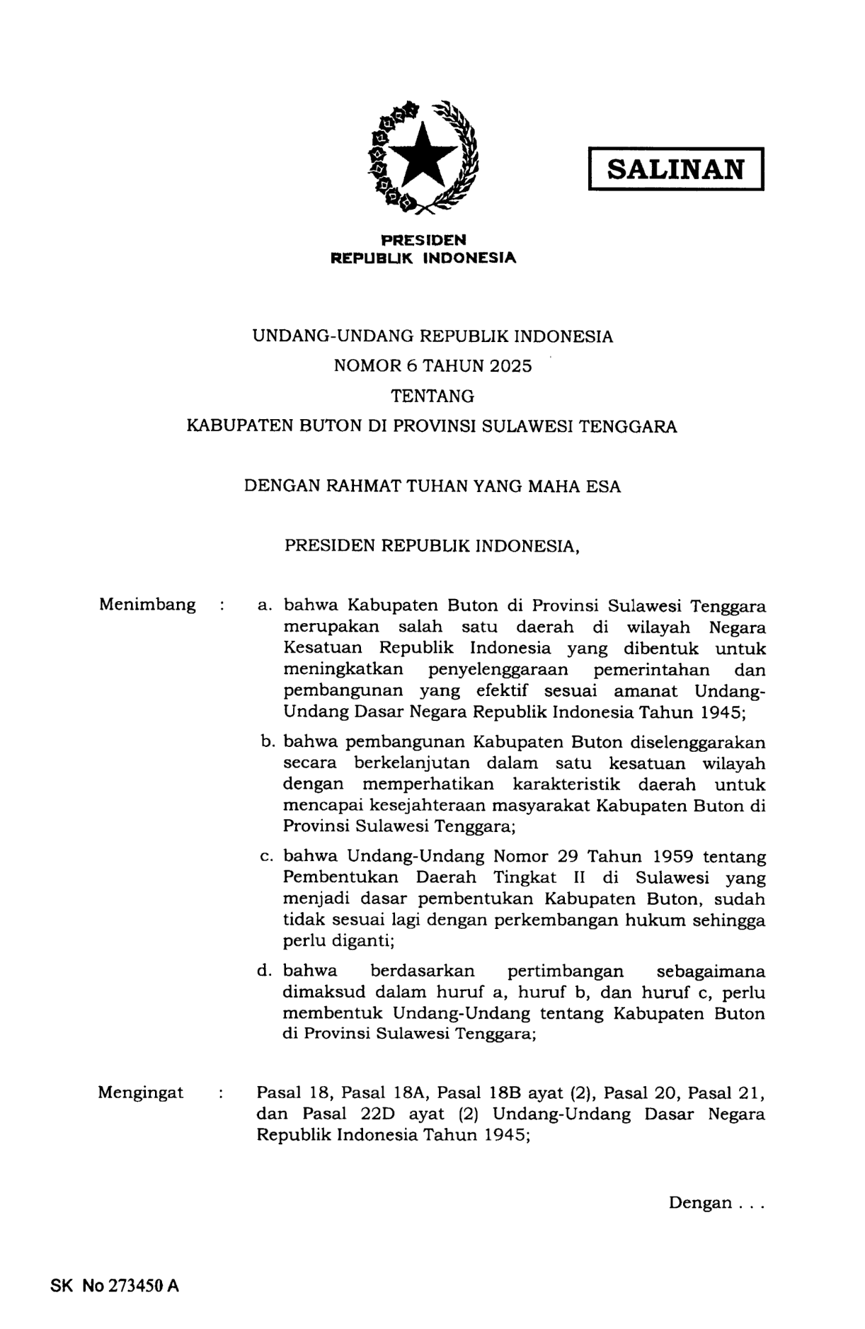 Undang-Undang Nomor 6 Tahun 2025