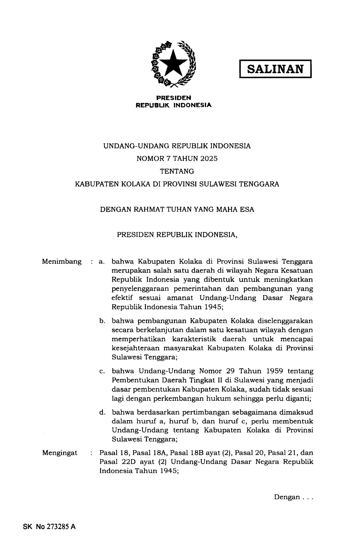 Undang-Undang Nomor 7 Tahun 2025