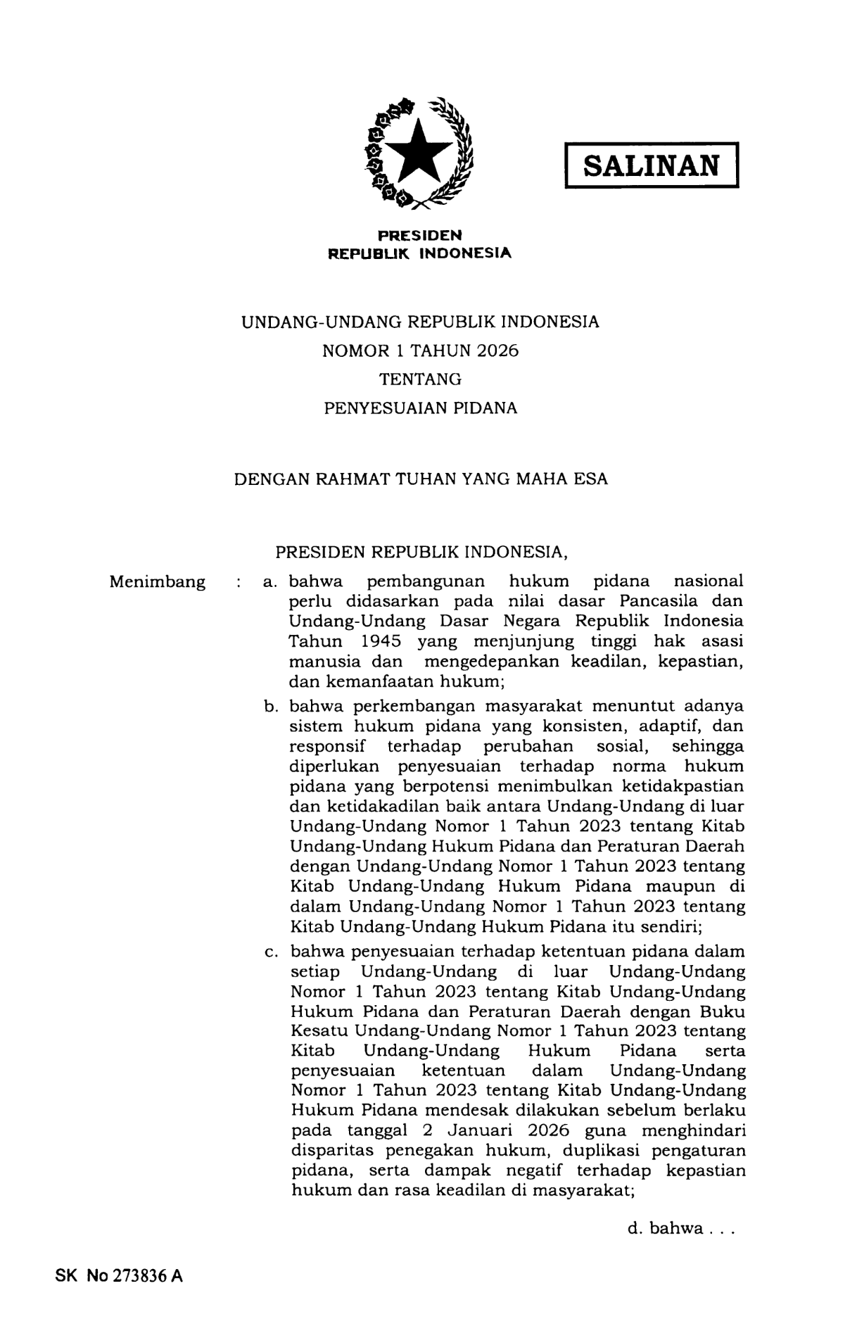 Undang-Undang Nomor 1 Tahun 2026